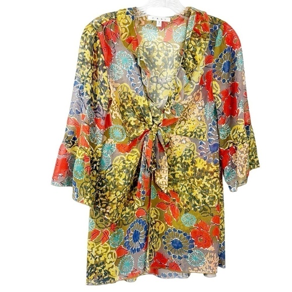 Cabi Shakespeare Floral Kimono Women's S Gray Multi Floral Chiffon Tie Front 360 - Picture 2 of 11
